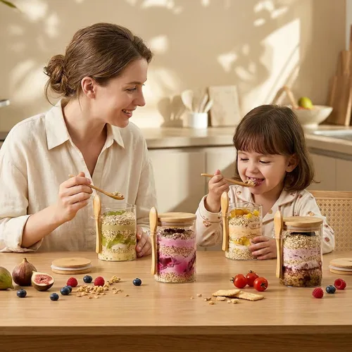 Vista 9 de Paquete de 4 recipientes de avena nocturna con tapas y cucharas de bambú - Tarros de vidrio herméticos de 22 onzas con tapa, tarros de preparación