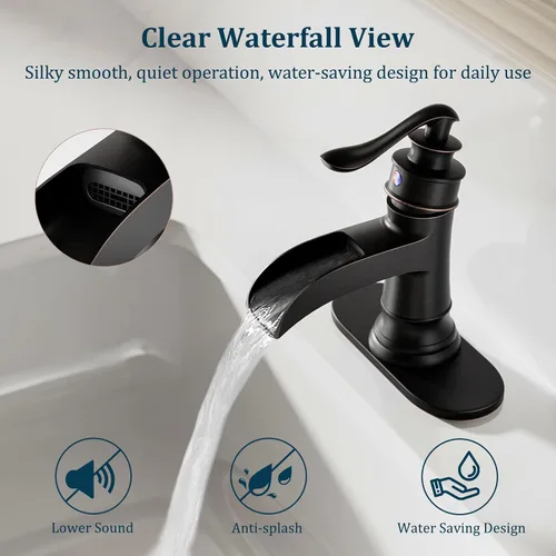 Vista 5 de Grifo de baño de bronce aceitado, montaje en cubierta de un solo agujero, diseño de boquilla de cascada, hecho de latón macizo, accesorios completos