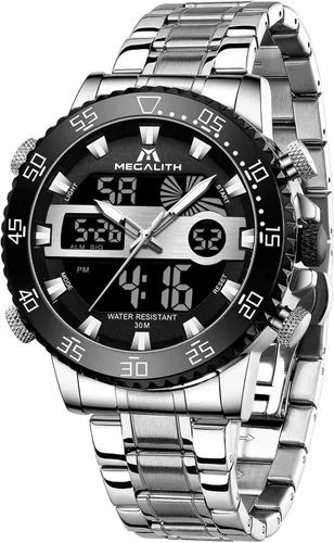 MEGALITH Reloj para hombre resistente al agua de acero inoxidable LED analógico digital para hombre fecha cronómetro alarma de metal pesado reloj