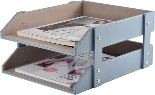 Vista 10 de Organizador de escritorio de cuero, soporte apilable de 2 niveles, suministros de oficina, caja de almacenamiento de escritorio para documentos