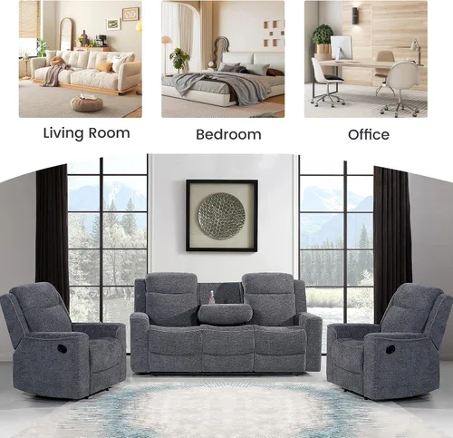 Vista 8 de Betsy Furniture Juego de sofá reclinable manual de microfibra suave, sofá con mesa desplegable, dos sillones reclinables, gris carbón 9111