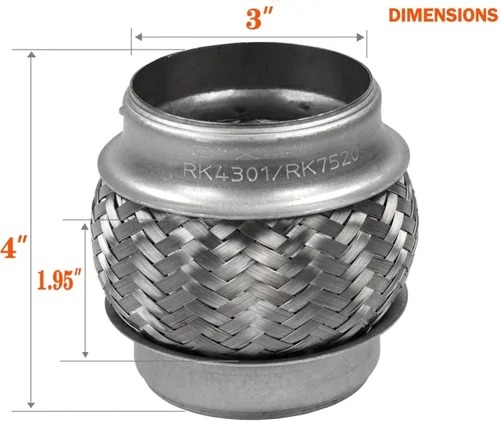 Vista 2 de RP Remarkable Power, RK7520-Tubo flexible de escape de doble trenza de acero inoxidable resistente de 3 "x 4