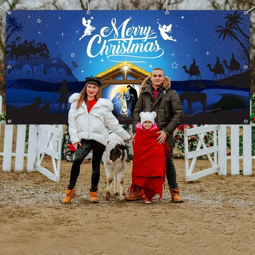 Vista 6 de Christmas Nativity Garage Door Banner Cover Decorations 6x13ft, Extra Large Fabric Nativity Scene Christmas Backdrop Photo Booth Background Yard