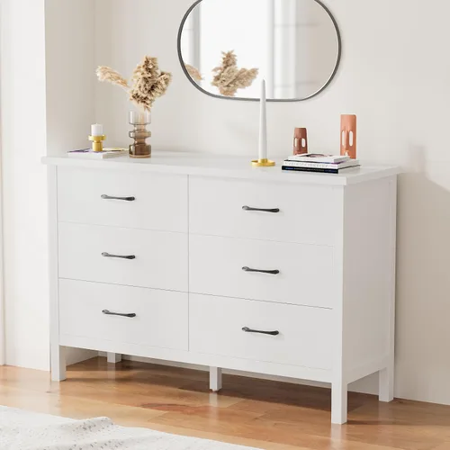 Vista 2 de LYNSOM Cómoda blanca para dormitorio, cómoda de 6 cajones con asas de metal, cómoda de madera moderna para sala de estar, entrada y pasillo