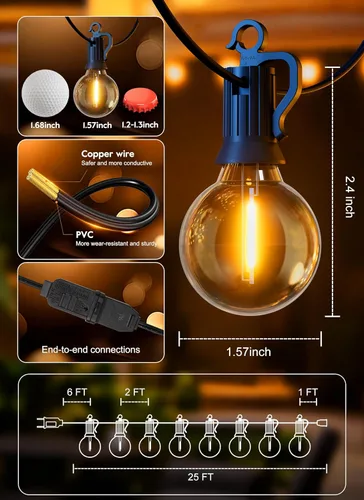 Vista 6 de Brightown - Guirnalda de luces led de exterior, regulable, conectable, 12 bombillas globo G40 que no se astillan, impermeabilidad IP65, patio, patio