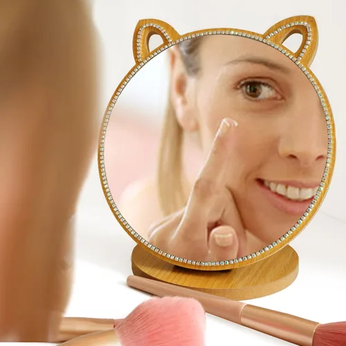 Vista 2 de Espejo de maquillaje con diamantes de imitación de cristal para niñas/espejo de mesa con forma de gato para encimera en dormitorio/baño