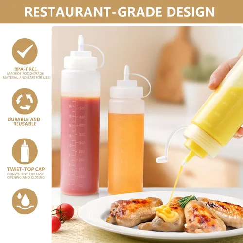 Vista 6 de Paquete de 8 botellas de condimento de plástico de 12 onzas con tapas de tapa, perfectas para condimentos, aceite, glaseado, líquidos, juego de 8