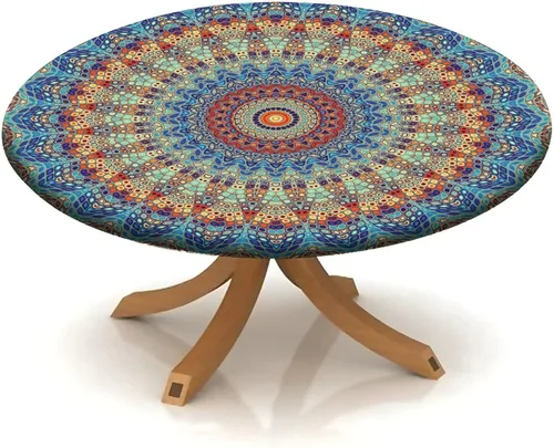 Vista 79 de Mantel redondo ajustable con borde elástico floral azul, mantel con borde elástico de estilo floral pastoral, almohadilla de mesa de poliéster