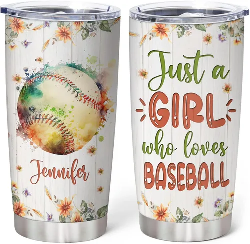 Hyturtle Regalos personalizados para amantes del béisbol, vaso de acero inoxidable con nombre personalizado de 20 onzas con tapa, idea de regalo