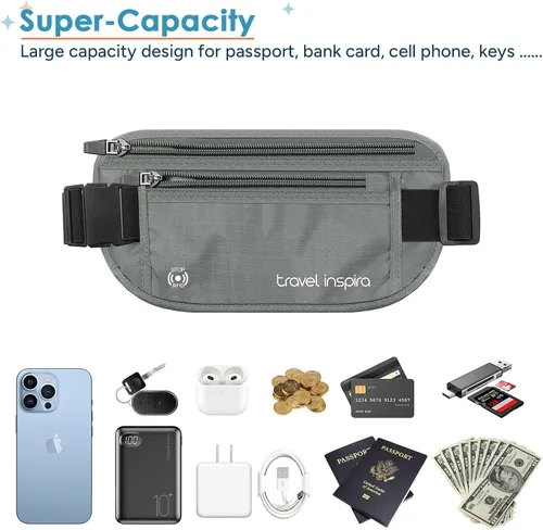 Vista 4 de travel inspira Cinturón de dinero de viaje, soporte delgado para pasaporte, bolsa de viaje con bloqueo RFID para proteger efectivo, tarjetas