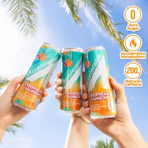 Vista 3 de Bebida energética Accelerator, ponche tropical, lata de 12 onzas (paquete de 12), sin azúcar, energía sostenida de cafeína 100% natural