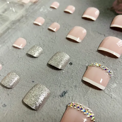 Vista 6 de Uñas postizas a presión, puntas blancas cuadradas, uñas postizas con purpurina, diseños de diamantes de imitación, uñas postizas de cobertura