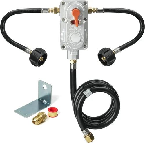 Vista 8 de Skyflame Regulador de propano RV para tanques duales, regulador LP de cambio automático de 2 etapas con 2 piezas coletas de 12 pulgadas