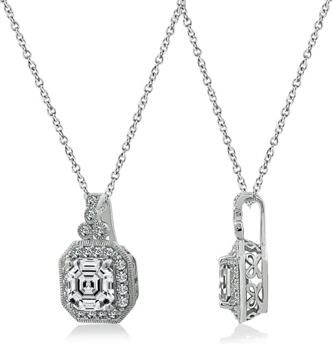 Vista 2 de Tienda Essentials Juego de collar con colgante de plata de ley chapada en platino con circonita cúbica de elementos infinitos de corte Asscher