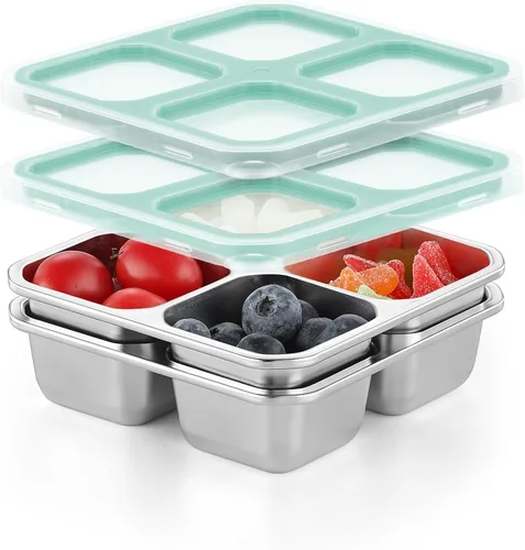 BEFOY Paquete de 4 recipientes de acero inoxidable con tapas, 4 compartimentos, recipientes de almacenamiento de alimentos para adultos y niños, Azul