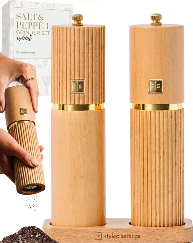 Vista 11 de Juego de molinillo de sal y pimienta de madera, molinillos manuales recargables de sal y pimienta con rebabas de cerámica ajustables, detalles