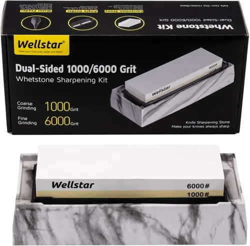 Vista 8 de Kit de piedra para afilar cuchillos, piedra de afilar de doble cara de grano 1000/6000 con guía de ángulo/soporte base antideslizante, piedra