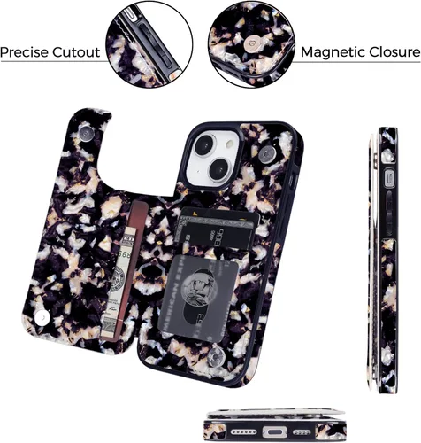 Vista 4 de uCOLOR Funda de piel con tapa para tarjetas compatible con iPhone 13, 6.1, iPhone 14 6.1, mujeres y niñas con tarjetero y función atril