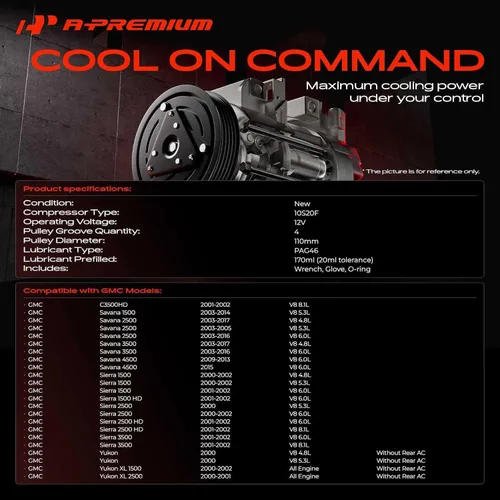 Vista 3 de Compresor de aire A-Premium con embrague compatible con modelos Chevrolet, GMC - Silverado, Sierra, Tahoe, Yukon, Suburban, Express, Escalade