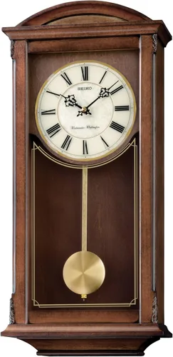 SEIKO Arched Wall Clock with Pendulum and Dual Chimes, brown, 21 x 10 x 4 Inch