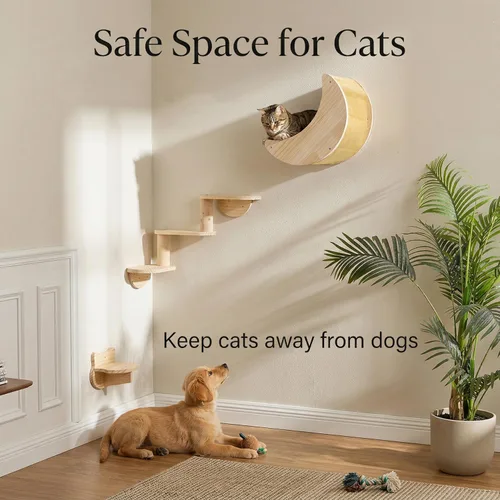 Vista 4 de Estante para gatos de montaje en pared con hamaca, escalera de escalada de 3 niveles y repisas, muebles de pared Moon Cats para actividad de gatitos