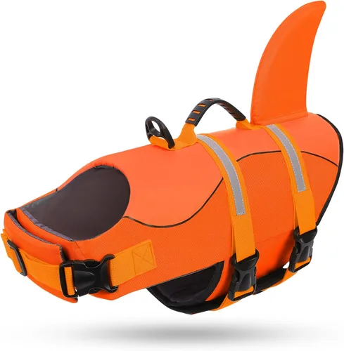 Vista 19 de Queenmore - Chaleco salvavidas para perros pequeños, medianos, grandes, estilo pescado, chaleco flotante con mango de goma suave ajustable, M