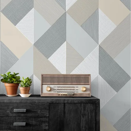 Vista 3 de NextWall Stacy Garcia Home Marquetry - Papel tapiz geométrico para despegar y pegar (piedra cálida)