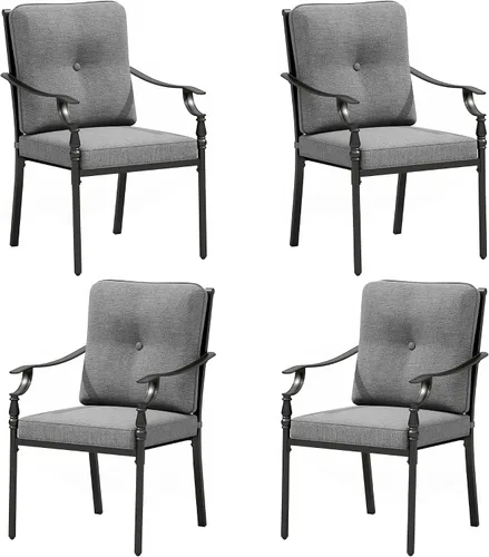 Vista 14 de PHI VILLA Juego de comedor al aire libre de 7 piezas para 6, mesa de comedor rectangular de acero negro con sillas fijas y giratorias de hierro