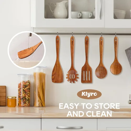 Vista 5 de Juego de utensilios de cocina de teca, juego de utensilios de cocina de madera de alta calidad, cucharas de madera antiadherentes resistentes al