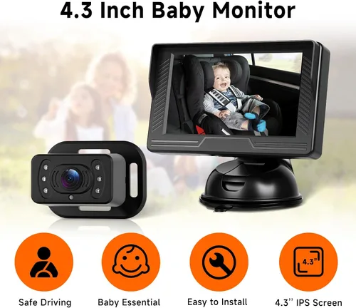 Vista 2 de VECHTEL Cámara de coche para bebé HD con orientación trasera para bebé con monitor de 4.3 pulgadas, visión nocturna IR, gran angular, fácil