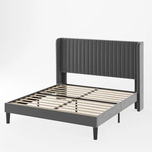Vista 24 de Allewie Marco de cama de terciopelo tamaño Queen, cabecera capitonada con canal vertical, plataforma tapizada, listones de madera fuertes,