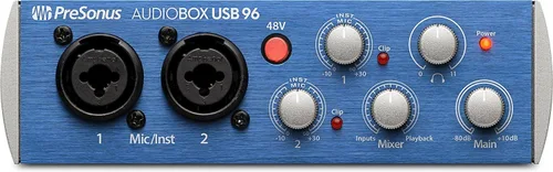 Vista 2 de PreSonus AudioBox 96 USB 2 × 2 Interface Grabación Bundle con micrófono de condensador cardioide LyxPro, auriculares HAS‑10, filtro pop, montaje