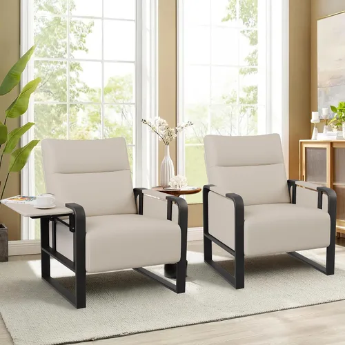 Vista 10 de Silla de Acento Moderna Tapizada en Cuero PU Sillón con Mesa de Bandeja para Dormitorio Sala de Estar Sillas Silla de Oficina Beige Modern Living
