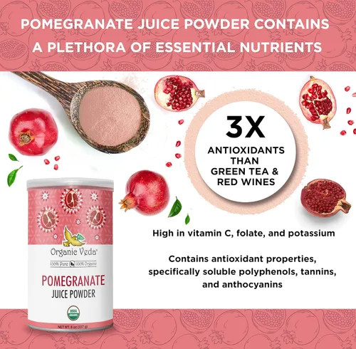 Vista 5 de Organic Veda Polvo de jugo de granada – Extracto de granada rico en vitamina C, folato y potasio – Concentrado para ensalada, yogur, helado