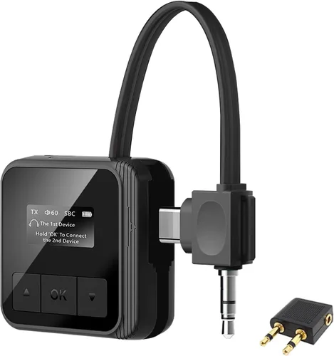 Receptor transmisor Bluetooth 5.3 para TV a 2 auriculares inalámbricos Dual Link 2 en 1 Adaptador de audio Bluetooth inalámbrico con entrada Aux/USB