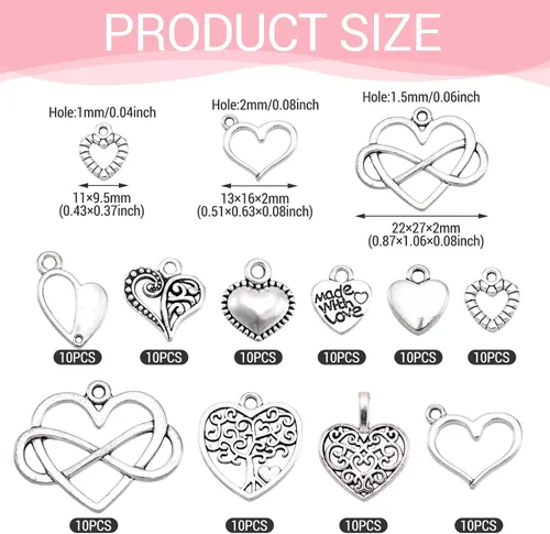 Vista 4 de Pandahall - 100 dijes de aleación de estilo tibetano, dijes de corazón de plata antigua, dijes de corazón dulce para manualidades, aretes, pulseras
