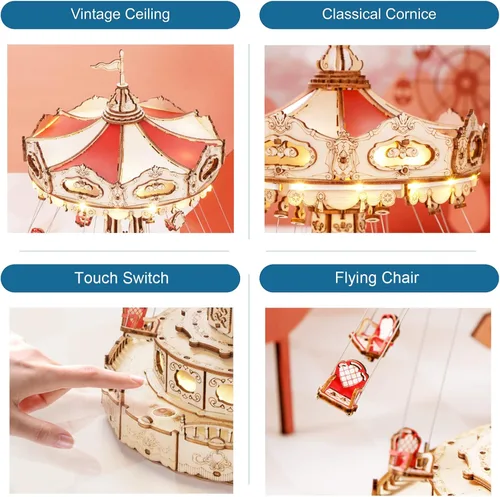 Vista 4 de ROKR Kit de rompecabezas 3D de madera con caja de música y LED, kit de modelo mecánico giratorio con columpio, kit de manualidades de bricolaje