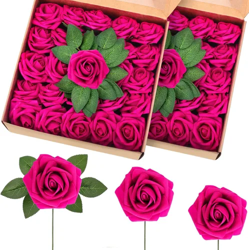 Vista 13 de Ramo de rosas artificiales de espuma de 100 piezas con hojas y tallos para bricolaje, ramos de boda, centros de mesa, despedida de soltera, fiesta