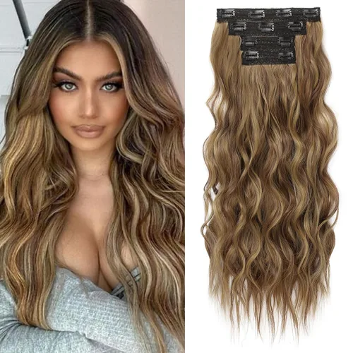 Vista 29 de REECHO Extensiones de cabello con pinza, 4 piezas de extensiones de cabello rubio de 24" de largo, ondas de playa gruesas, HE003, trama de encaje