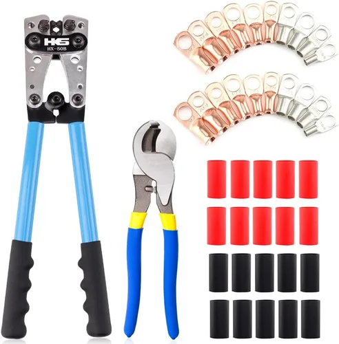 Vista 9 de HKS Herramienta de prensado de cable de batería para terminales de anillo de cobre AWG 10-1, crimpadora resistente para terminales de alambre
