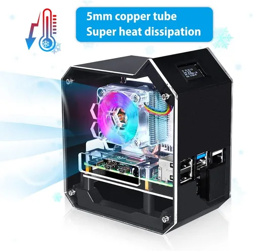 Vista 4 de GeeekPi Kit NAS de mini torre para Raspberry Pi 4, enfriador de torre PI 4 ICE con ventilador PWM RGB, placa de expansión SSD SATA M.2, placa