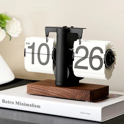 Vista 2 de FOSA Reloj de escritorio abatible, reloj de mesa retro vintage, reloj de mesa de escritorio digital con números grandes, base de madera para sala