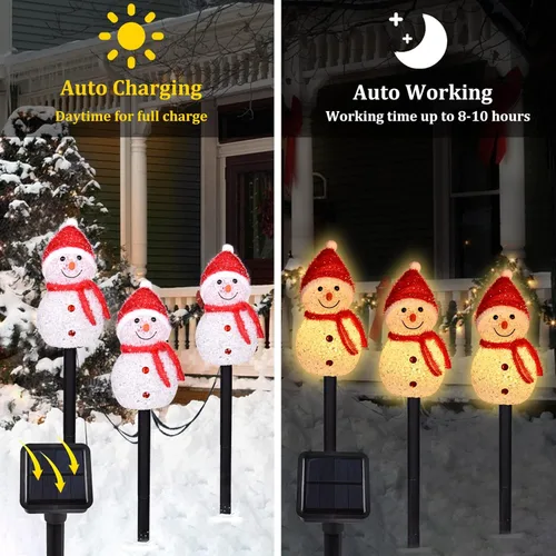 Vista 2 de 3 piezas de luces de Navidad solares con forma de muñeco de nieve, luces solares para caminos de paisaje con estacas, luces de Navidad