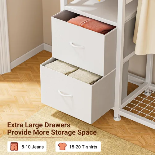 Vista 3 de Lulive Perchero de ropa resistente para colgar ropa, estantes de ropa industrial con estantes, 2 cajones de tela, 4 ganchos, 2 varillas para colgar