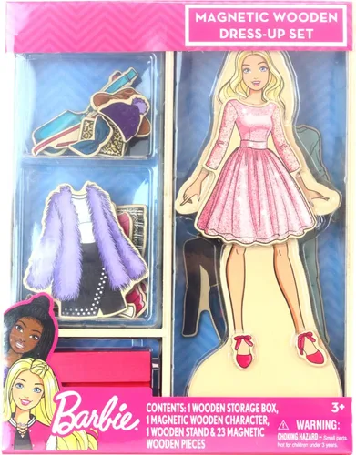 Barbie - Juguete magnético de madera para disfrazarse, juego de simulación con muñeca Barbie de madera, trajes para mezclar y combinar y caja de