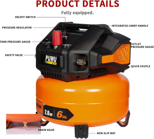 Vista 2 de Compresor de aire libre de aceite de 6 galones, 2 HP, 150 PSI, estilo panqueque silencioso portátil con medidores de presión duales, válvula