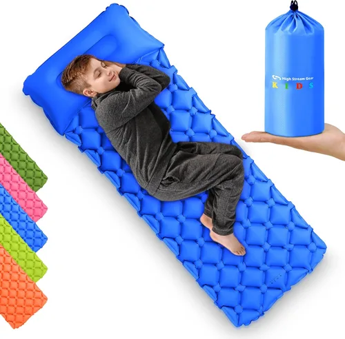 Kids Sleeping Pad for Camping and Sleepovers with Pillow, Inflatable Camping Mattress for Backpacking & Travel, Thick Toddler Cot Mat, Fast