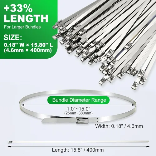 Vista 6 de Bridas de metal de 15.8 pulgadas – 100 bridas de acero inoxidable 304 Autobloqueo resistente para valla de eslabones de cadena y usos múltiples
