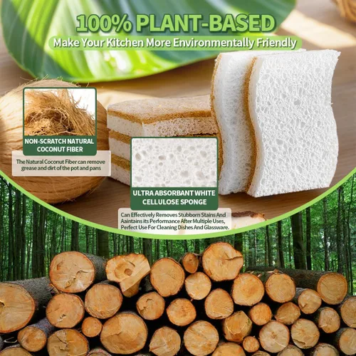 Vista 3 de Esponjas de cocina naturales biodegradables a base de plantas, esponja compostable de celulosa con fibra de coco, esponja de limpieza sin rayones