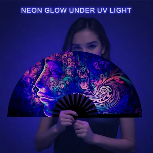 Vista 6 de Ravevibes Ventilador de mano plegable grande de 13 pulgadas, ventilador de bambú para festivales de bambú, ventiladores plegables con brillo UV